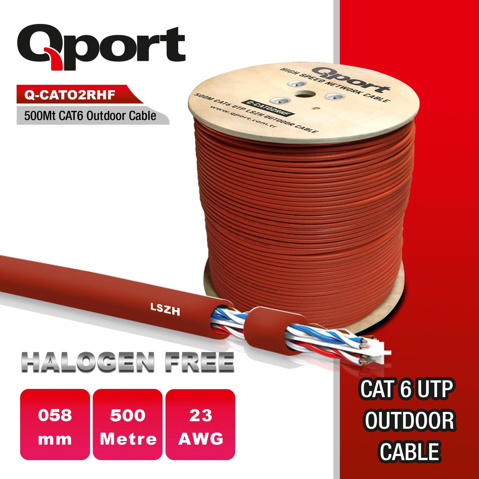 QPORT Q-CATO2RHF 500 M CAT6 OUTDOOR LSZH (HALOGEN FREE) 23AWG 0.58MM KABLO
