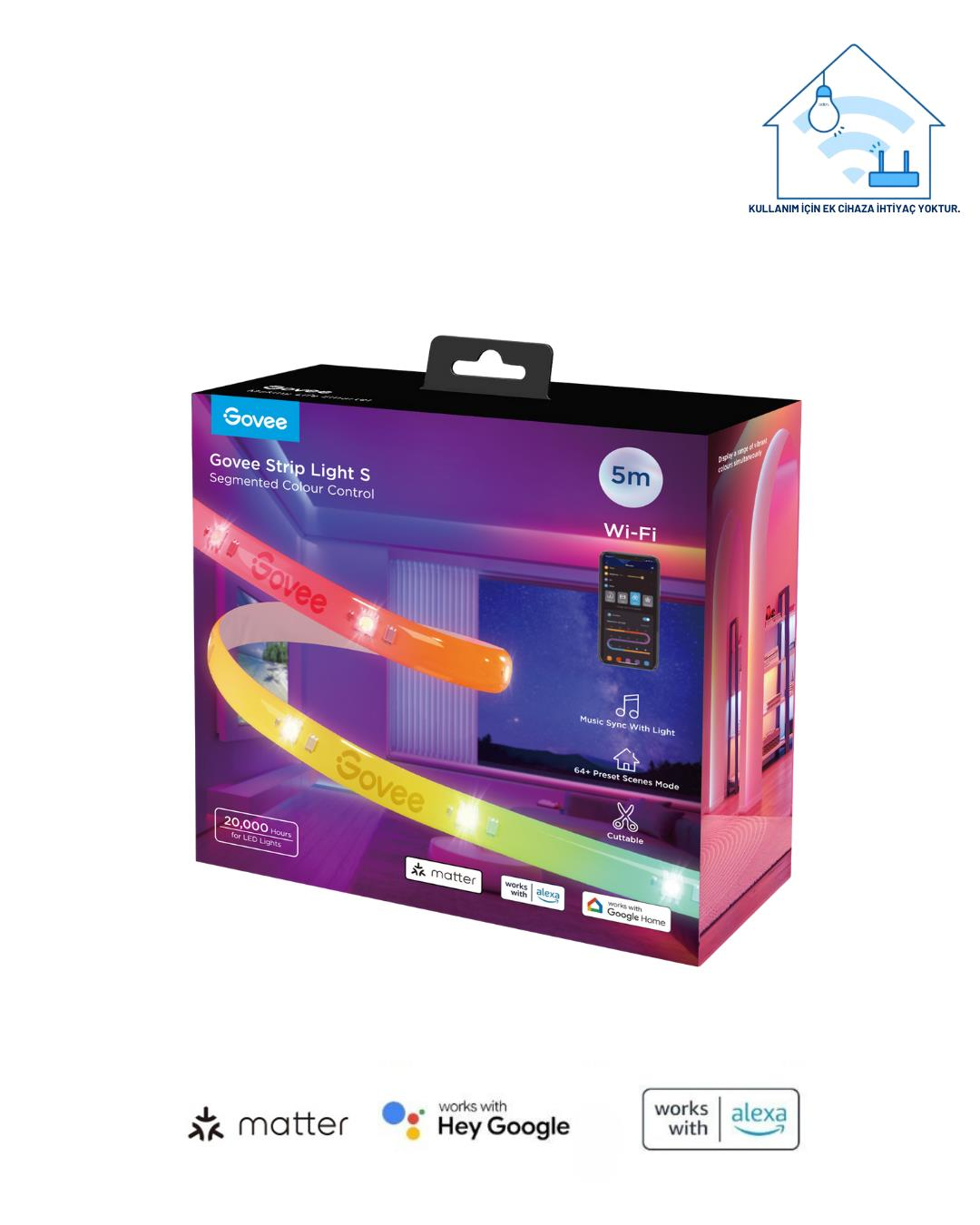 Govee RGBICW H612ACD1 Kesilebilir, Silikon Kaplamalı, Matter, Alexa, Google Asst. , Wifi+Bt Led Şerit - 5 Metre