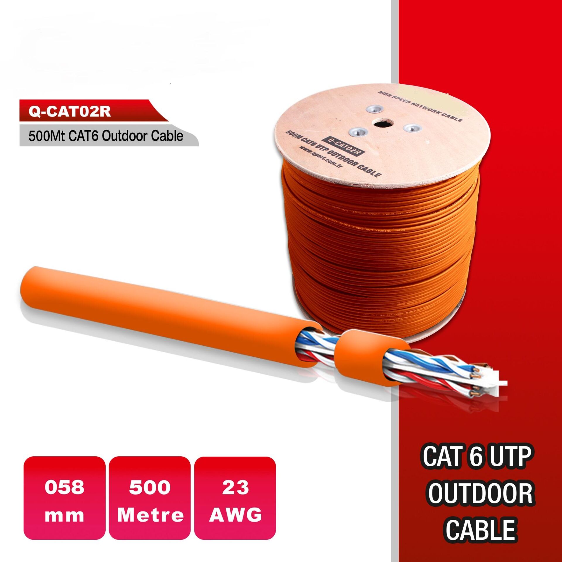 QPORT Q-CATO2R 500 M CAT6 Outdoor Turuncu 23AWG 0.58MM Kablo