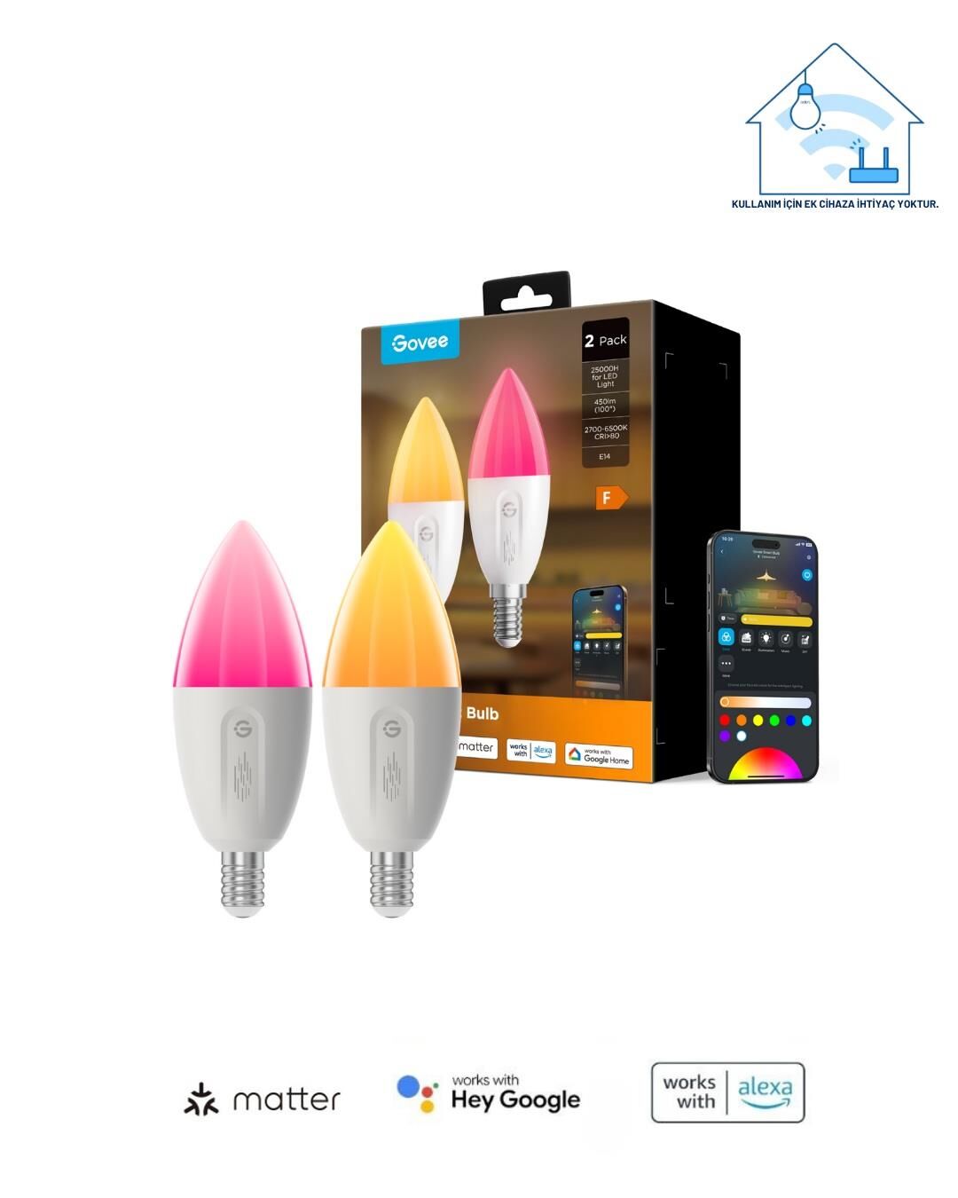 Govee RGBWW Matter Destekli E14 Akıllı Ampul - 2'li Paket
