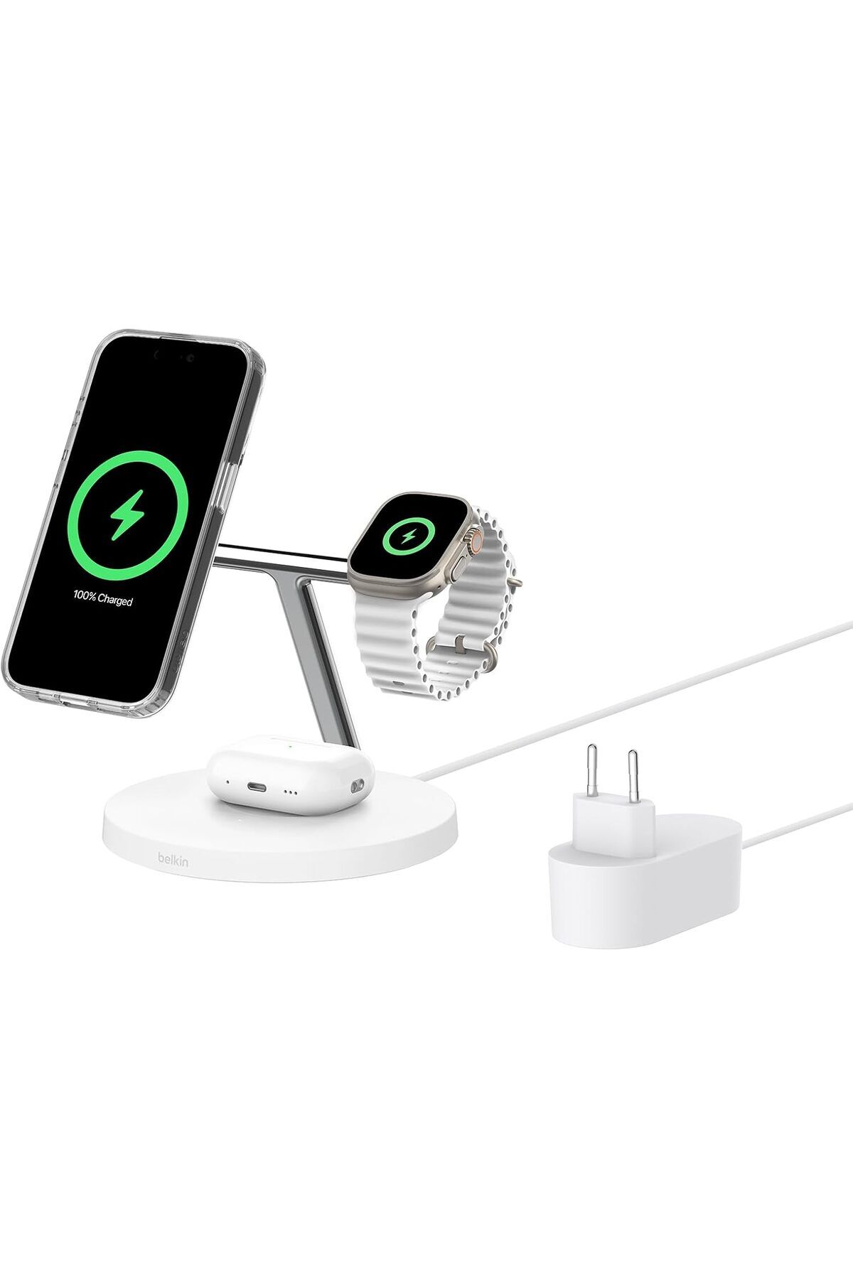 Belkin BoostCharge Pro 3'ü 1 Arada, Qi2 MagSafe Kablosuz Şarj İstasyonu, Beyaz