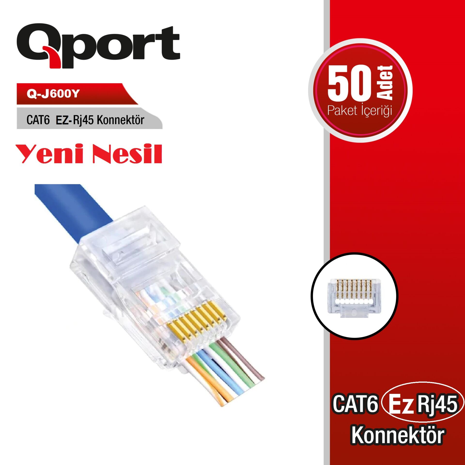 QPort Q-J600Y Yeni Nesil CAT6 50 Adet RJ-45 Konnektör