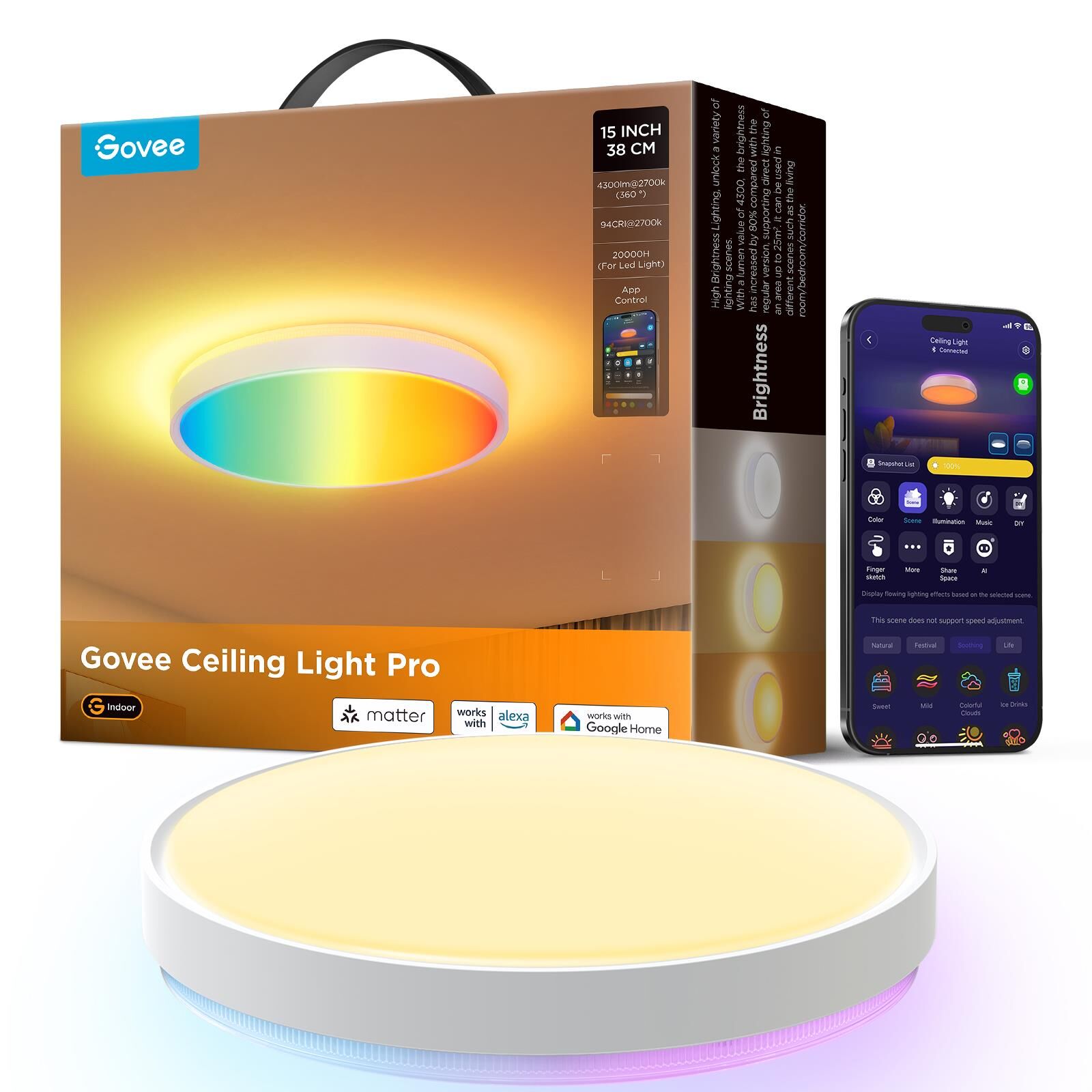 Govee RGBICWW + RGBICWW Yuvarlak Akıllı Tavan Armatürü Pro 15 İnç