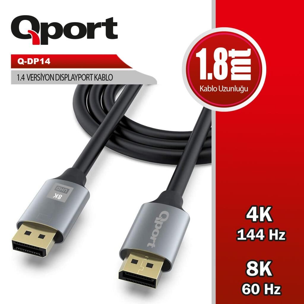 QPort Q-DP14 1.8 Metre Display Port 1.4V Kablo