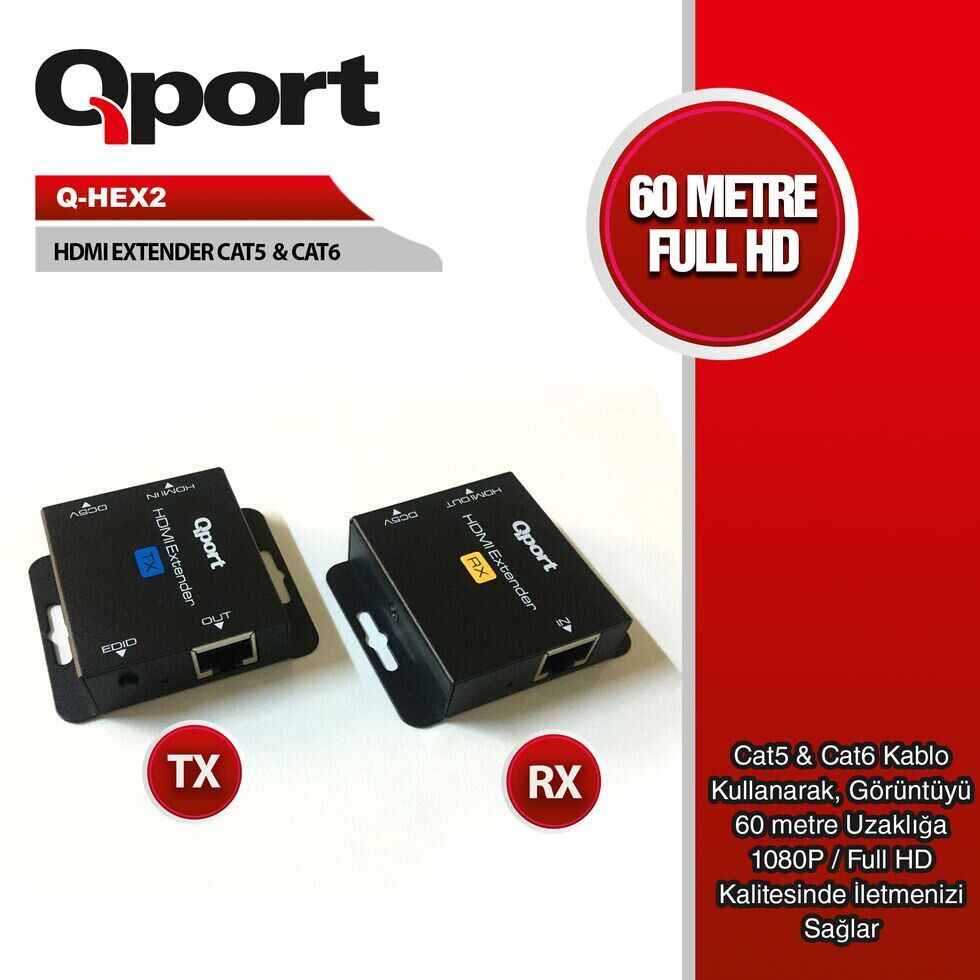 Qport Q-HEX2 HDMI Uzatma Extender CAT6 60Mt 2 li Paket