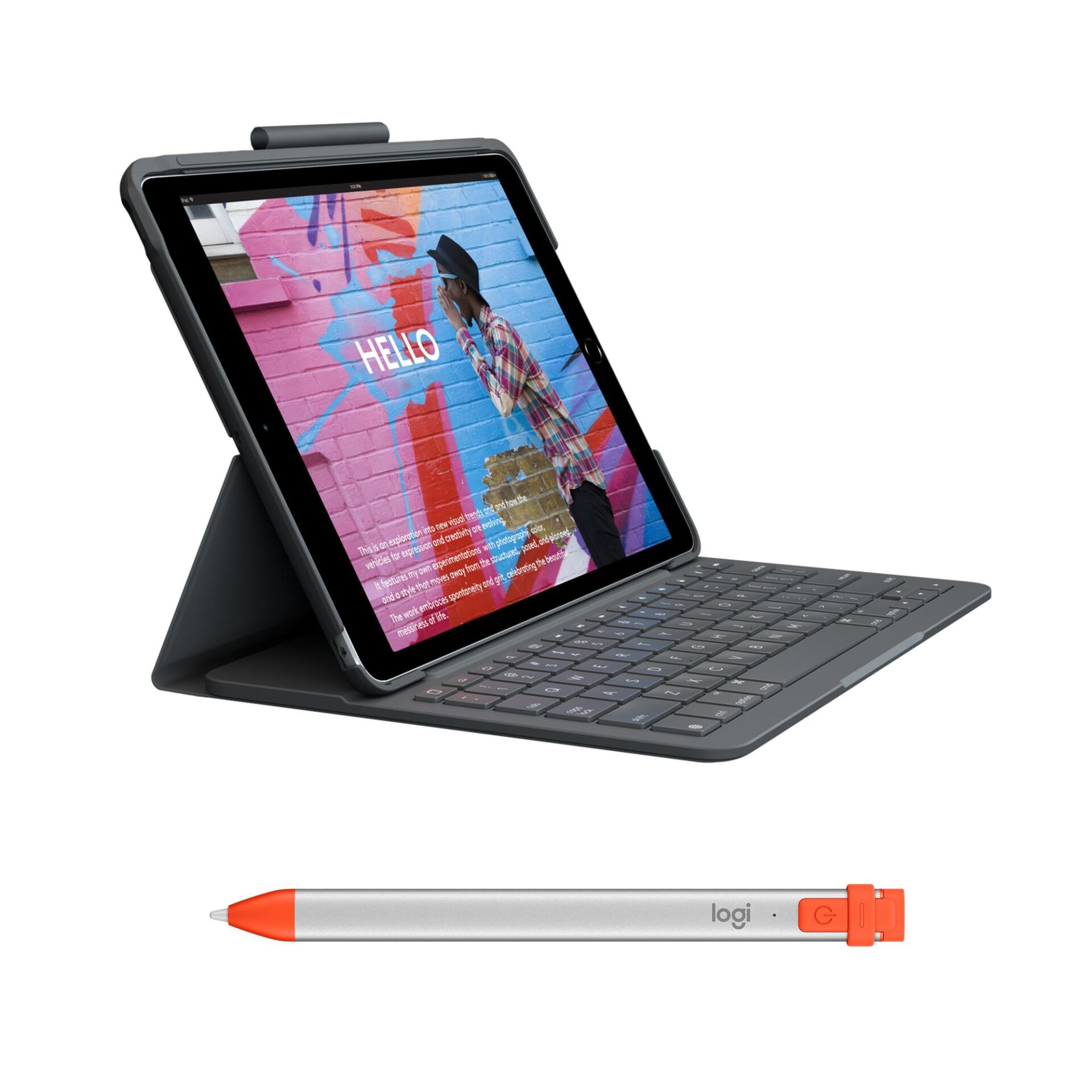 Logitech Slim Folio 10.2'' iPad 7. 8. ve 9. Nesil ile Uyumlu Klavyeli Tablet Kılıfı ve Crayon iPad Uyumlu Dijital Kalem, Açık Gri