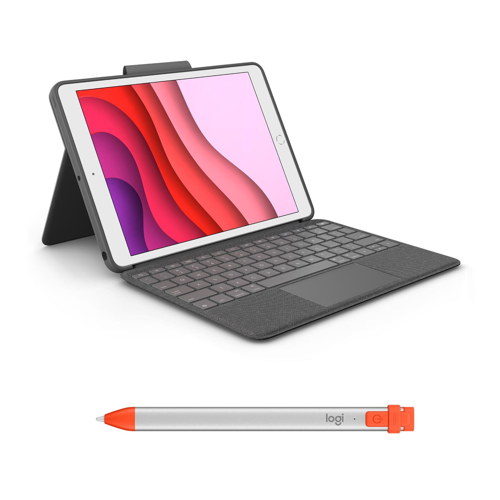 Logitech Combo Touch 10.2'' iPad 7. 8. ve 9. Nesil ile Uyumlu Klavyeli Tablet Kılıfı ve Crayon iPad Uyumlu Dijital Kalem, Açık Gri